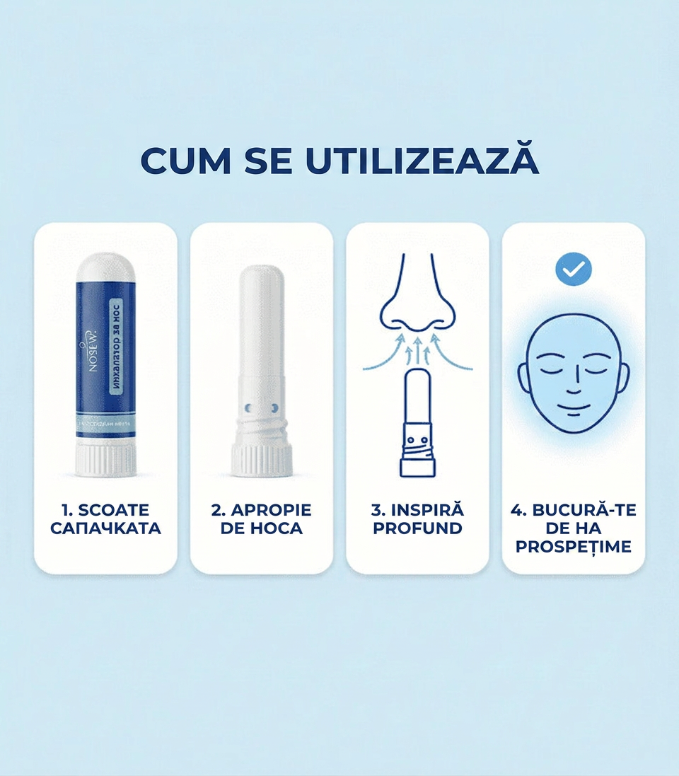 Instrucțiuni de utilizare în patru pași pentru inhalatorul nazal Noseway